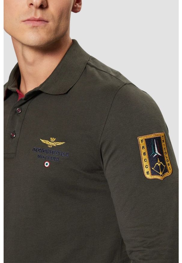 Aeronautica Militare - AERONAUTICA MILITARE Szarozielony męski longsleeve polo Tricolor, Rozmiar M. Typ kołnierza: polo. Kolor: zielony. Materiał: jersey. Długość rękawa: długi rękaw