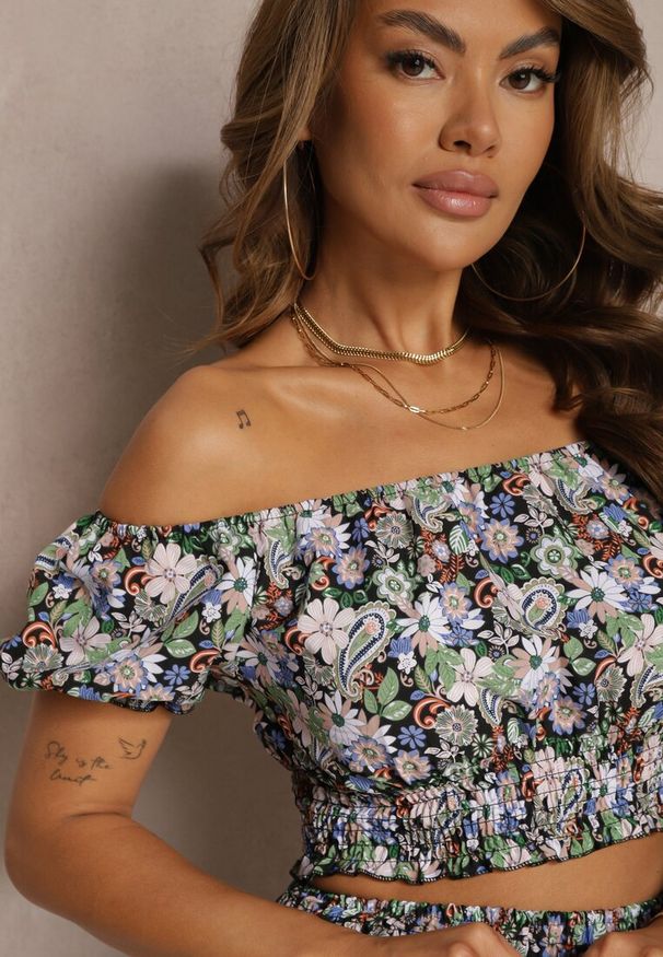 Renee - Czarno-Zielony Komplet Bluzka z Hiszpańskim Dekoltem Rozkloszowana Spódnica z Gumką w Pasie Dimonnda. Kolor: czarny