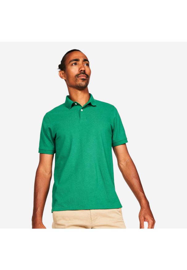INESIS - Koszulka polo do golfa męska z krótkim rękawem Inesis MW500. Typ kołnierza: golf, polo. Kolor: zielony. Materiał: poliester, bawełna, materiał. Długość rękawa: krótki rękaw. Długość: krótkie. Styl: klasyczny, sportowy