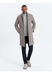 Ombre Clothing - Męski lekki płaszcz jednorzędowy - jasnobrązowy V4. Kolor: brązowy. Materiał: poliester, materiał. Wzór: melanż #9
