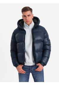 Ombre Clothing - Ciepła kurtka męska puffer ze ściągaczami – granatowa V2 - Rozmiar: L. Okazja: na co dzień. Typ kołnierza: kaptur. Kolor: niebieski. Materiał: guma, tkanina, poliester, materiał, syntetyk, nylon. Wzór: aplikacja. Sezon: zima. Styl: casual #6