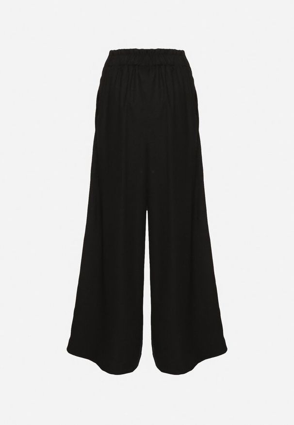 Born2be - Czarne Szerokie Spodnie z Bawełny z Wysokim Stanem z Troczkiem Nelseli. Okazja: na co dzień. Stan: podwyższony. Kolor: czarny. Materiał: bawełna. Styl: casual