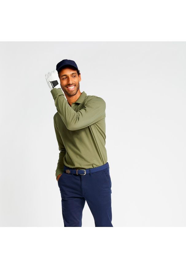 INESIS - Koszulka do golfa polo z długim rękawem męska MW500. Typ kołnierza: golf, polo. Kolor: brązowy, zielony, wielokolorowy. Materiał: poliester, materiał, bawełna. Długość rękawa: długi rękaw. Długość: długie