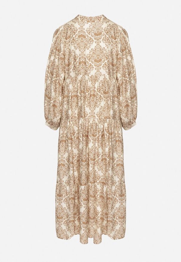 Born2be - Beżowa Rozkloszowana Sukienka z Wiskozy w Ornamentalny Wzór Gonavina. Okazja: na co dzień. Typ kołnierza: dekolt w kształcie V. Kolor: beżowy. Materiał: wiskoza. Długość rękawa: długi rękaw. Typ sukienki: oversize. Styl: elegancki, casual