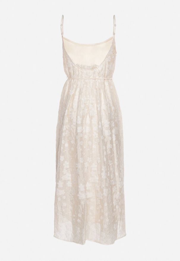 Born2be - Beżowa Sukienka na Regulowanych Ramiączkach Ozdobiona Cyrkoniami z Materiałowym Paskiem Selolia. Okazja: na co dzień. Typ kołnierza: dekolt w kształcie V. Kolor: beżowy. Materiał: materiał. Długość rękawa: na ramiączkach. Wzór: aplikacja. Typ sukienki: proste. Styl: casual