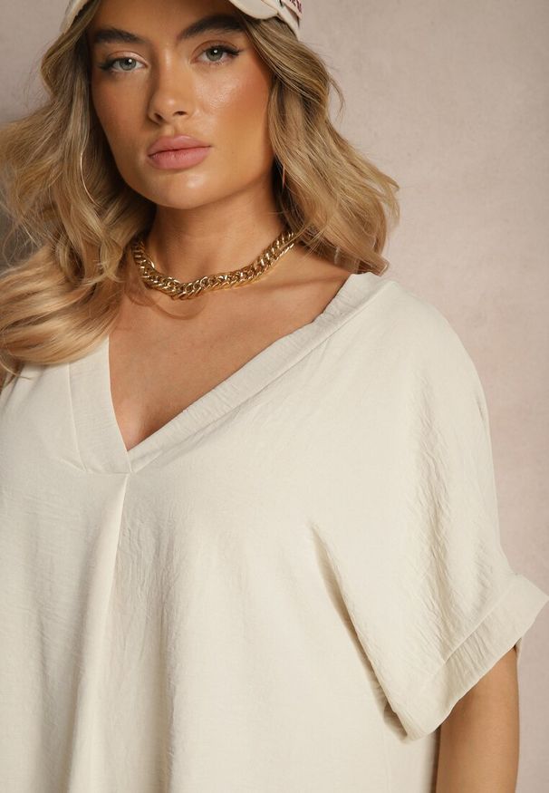 Renee - Ciemnobeżowy Bawełniany Komplet Spodnie o Szerokim Kroju i T-shirt Oversize Seltebis. Kolor: beżowy. Materiał: bawełna. Wzór: kolorowy, gładki, aplikacja