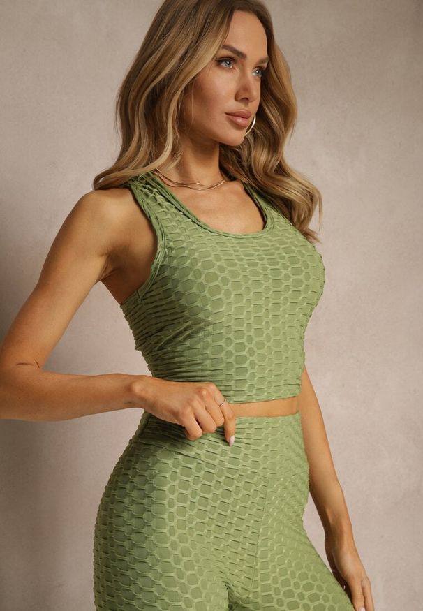 Renee - Ciemnozielony Tank Top z Tłoczonym Wzorem Aeronna. Okazja: na co dzień. Kolor: zielony. Materiał: jeans. Styl: klasyczny, casual