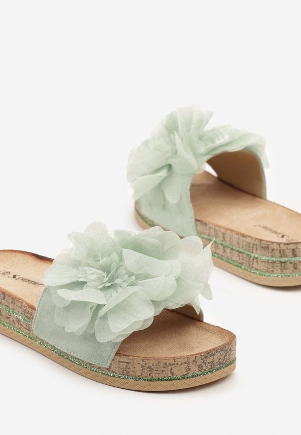 Renee - Jasnozielone Klapki Zdobione Aplikacją z Imitacją Kwiatów Tanaretia. Okazja: na co dzień. Kolor: zielony. Materiał: jeans. Wzór: aplikacja, kwiaty. Sezon: lato. Styl: casual