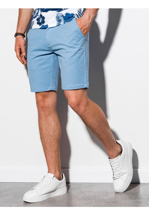 Ombre Clothing - Krótkie spodenki męskie casual W224 - błękitne - XXL. Okazja: na co dzień. Kolor: niebieski. Materiał: elastan, dzianina, bawełna, poliester. Długość: krótkie. Styl: casual