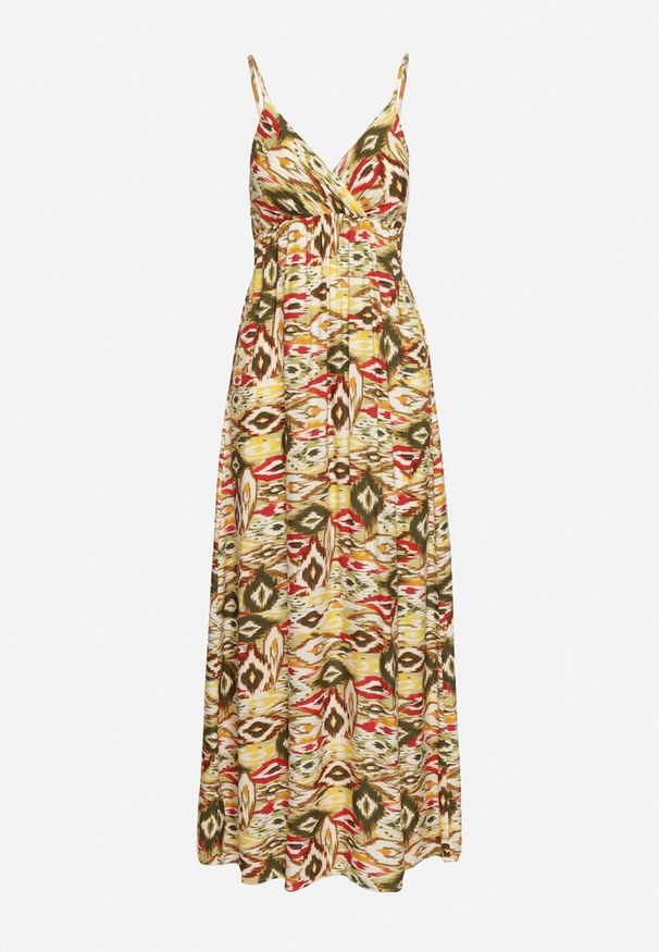 Born2be - Żółto-Zielona Sukienka z Wiskozy na Cienkich Regulowanych Ramiączkach z Gumką w Pasie Bellamoon. Okazja: na spacer, na co dzień. Typ kołnierza: dekolt w kształcie V. Kolor: żółty. Materiał: wiskoza. Długość rękawa: na ramiączkach. Typ sukienki: rozkloszowane. Styl: casual, elegancki