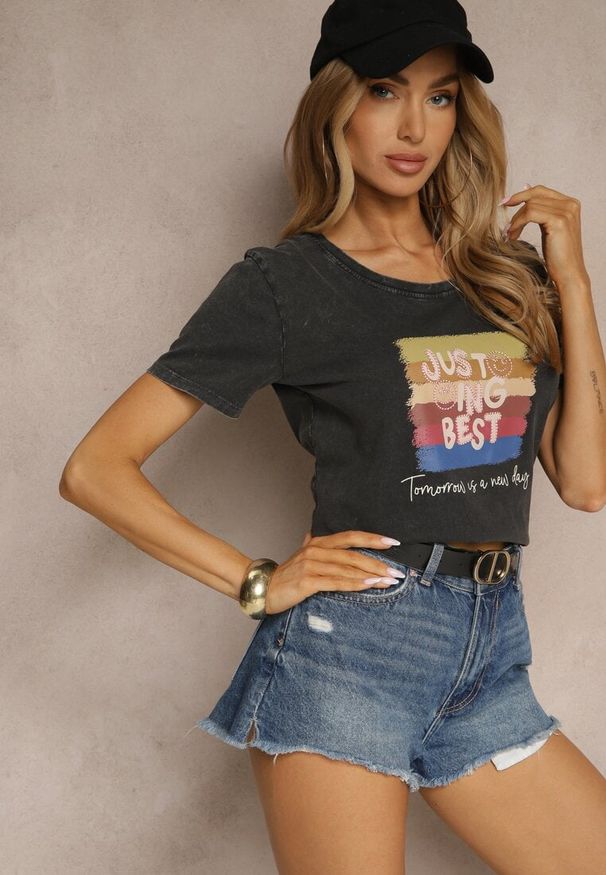 Renee - Czarny T-shirt z Bawełny z Nadrukiem Inaren. Okazja: na co dzień. Kolor: czarny. Materiał: bawełna. Wzór: nadruk. Styl: klasyczny, casual
