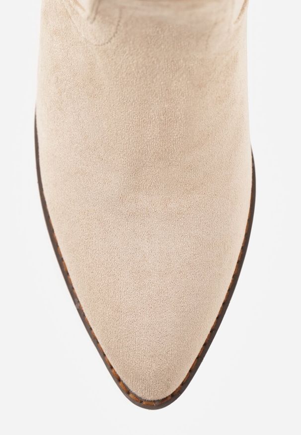 Renee - Ciemnobeżowe Botki Vices w Stylu Kowbojek na Słupku Velfedi. Okazja: na co dzień. Kolor: beżowy. Materiał: jeans. Sezon: zima, jesień. Obcas: na słupku. Styl: casual