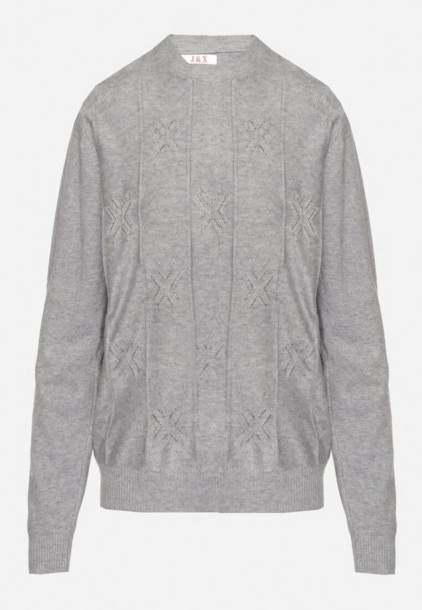 Born2be - Jasnoszary Sweter z Bawełną Ozdobiony Cyrkoniami Irinaelle. Okazja: na co dzień. Kolor: szary. Materiał: bawełna. Wzór: aplikacja. Styl: klasyczny, casual, elegancki