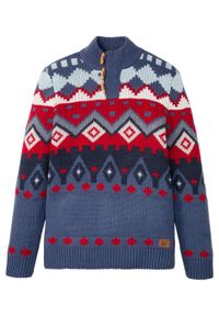 Sweter w norweski wzór bonprix indygo - w norweski wzór. Typ kołnierza: kołnierzyk stójkowy. Kolor: niebieski. Materiał: materiał, wełna, akryl #1