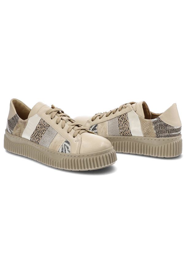 Beżowe Sneakersy Maciejka Modne Skórzane Buty Damskie. Okazja: na co dzień. Zapięcie: sznurówki. Kolor: beżowy. Materiał: skóra. Szerokość cholewki: normalna. Wzór: kolorowy, aplikacja. Styl: casual, klasyczny, sportowy