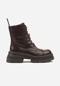 Born2be - Brązowe Botki Workery na Podeszwie z Tłoczeniami Temishe. Kolor: brązowy. Materiał: jeans, skóra. Szerokość cholewki: normalna. Styl: klasyczny #5