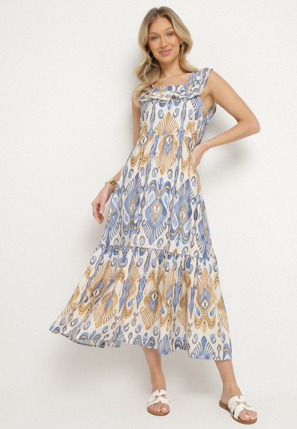 Born2be - Niebieska Rozkloszowana Sukienka z Wiskozą Wiązana na Plecach w Print Boho Turielia. Okazja: na spacer. Kolor: niebieski. Materiał: wiskoza. Długość rękawa: na ramiączkach. Wzór: nadruk. Sezon: lato. Styl: boho