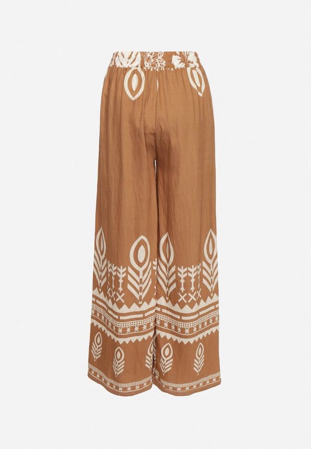 Born2be - Brązowe Wiskozowe Spodnie o Szerokim Kroju z Etnicznym Wzorem Mileldi. Okazja: na co dzień. Stan: podwyższony. Kolor: brązowy. Materiał: wiskoza. Styl: casual, elegancki