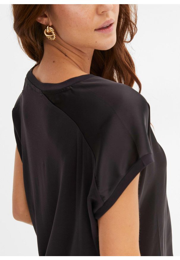 bonprix - Shirt z satynową wstawką. Kolor: czarny. Materiał: satyna