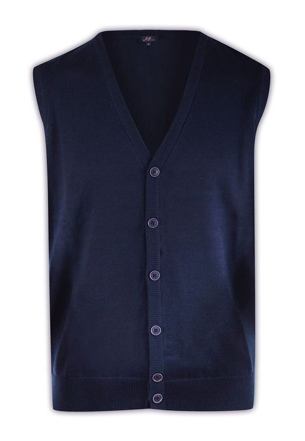 Kamizelka Granatowa, Elegancka, Bezrękawnik, na Guziki, Jednokolorowa -EM Men's Accessories. Okazja: na co dzień. Typ kołnierza: dekolt w kształcie V. Kolor: niebieski. Materiał: akryl, bawełna. Długość rękawa: bez rękawów. Sezon: zima, jesień. Styl: elegancki