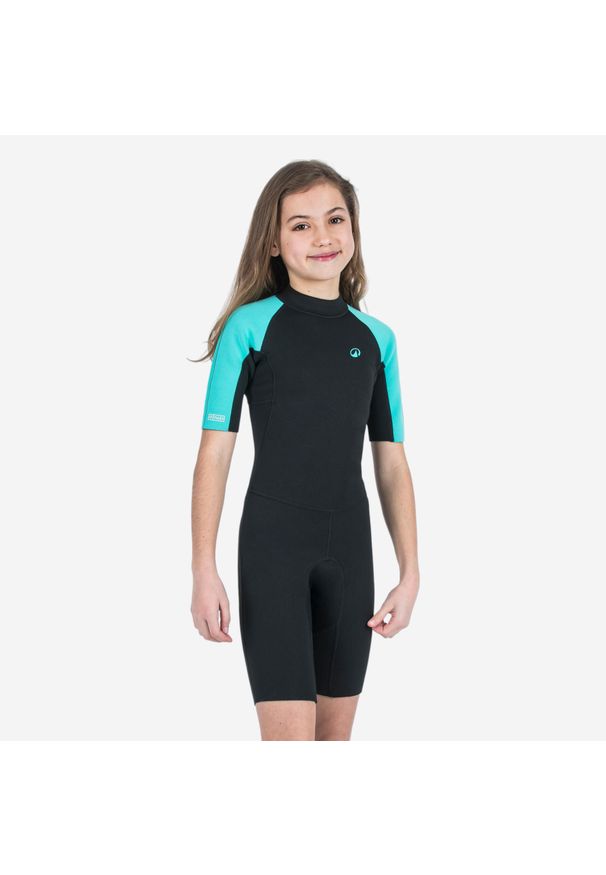 OLAIAN - Krótka pianka surfingowa dla dzieci Olaian 100 YULEX100 1,5 mm. Kolor: wielokolorowy, czarny, zielony. Materiał: materiał, kauczuk, poliester. Długość: krótkie
