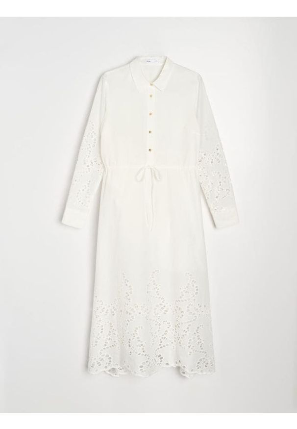 Sinsay - Sukienka midi z ażurowymi wstawkami - biały. Kolor: biały. Wzór: ażurowy. Długość: midi