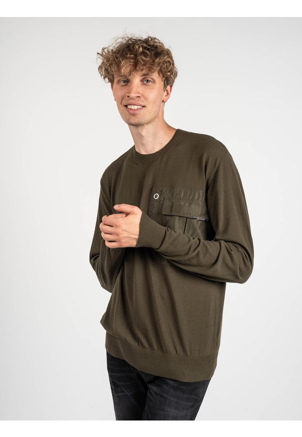 Les Hommes Sweter | LKK102-606A | Classic Fit Jumper | Mężczyzna | Khaki, Wojskowa Zieleń. Okazja: na co dzień. Kolor: brązowy. Materiał: bawełna. Styl: militarny