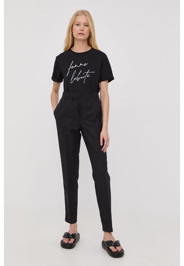 Samsoe & Samsoe - Samsoe Samsoe spodnie lniane damskie kolor czarny proste high waist. Okazja: na co dzień. Stan: podwyższony. Kolor: czarny. Materiał: len. Styl: casual