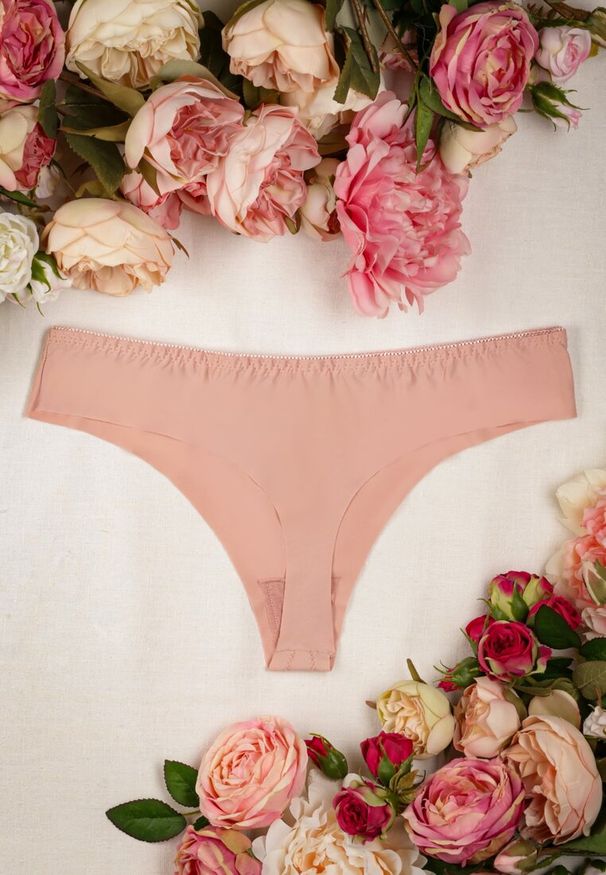 Renee - Różowe Elastyczne Majtki o Fasonie Stringów Casandia. Kolor: różowy. Materiał: jeans, skóra