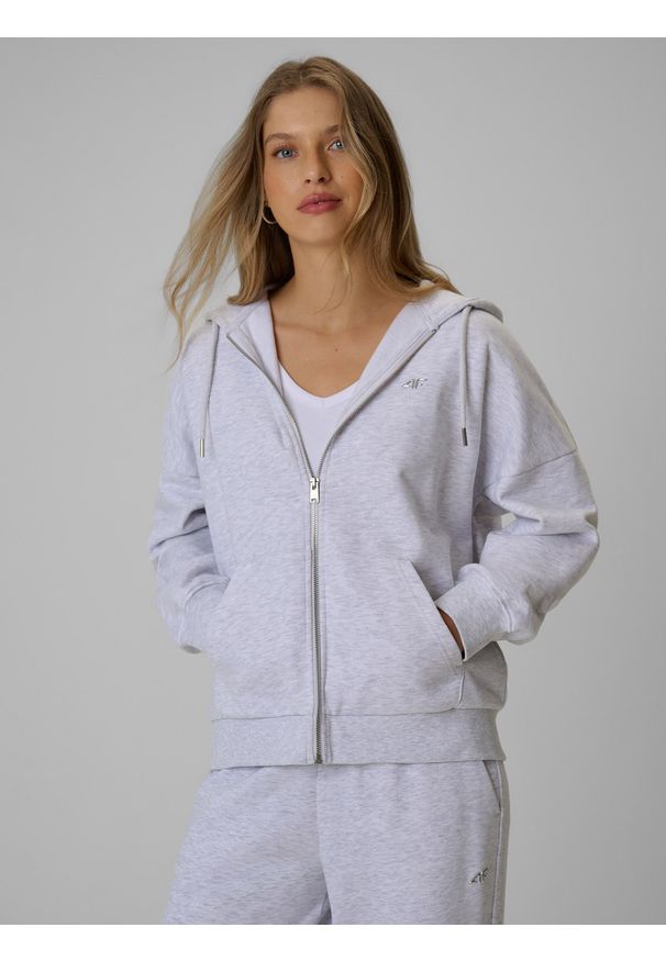4f - 4F Bluza dresowa loose z kapturem damska - szara M. Okazja: na co dzień. Typ kołnierza: kaptur. Kolor: szary. Materiał: dresówka. Styl: casual