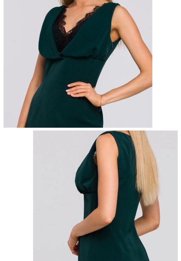 Sukienki.shop - Sukienka elegancka wieczorowa z lejącej tkaniny z koronką. Okazja: na imprezę, na randkę. Materiał: tkanina, koronka. Wzór: koronka. Styl: wizytowy, elegancki