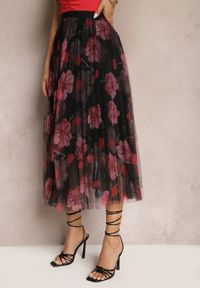 Renee - Czarno-Różowa Plisowana Spódnica High Waist z Kwiatowym Printem Frosa. Stan: podwyższony. Kolor: czarny. Materiał: tkanina. Wzór: nadruk, kwiaty #4