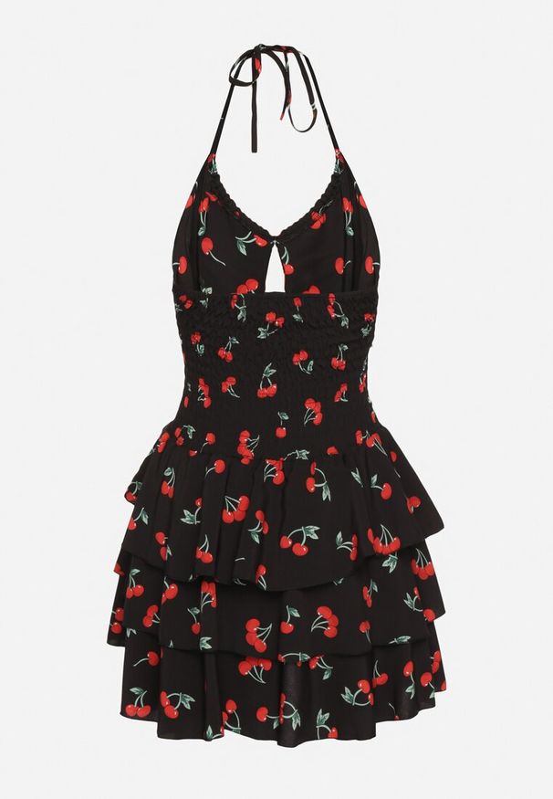 Born2be - Czarna Rozkloszowana Sukienka w Wisienki z Falbankami i Dekoltem Halter Lanideia. Okazja: na spacer, na imprezę, na co dzień. Typ kołnierza: kołnierz z falbankami, dekolt halter. Kolor: czarny. Materiał: bawełna. Sezon: lato. Typ sukienki: rozkloszowane. Styl: casual