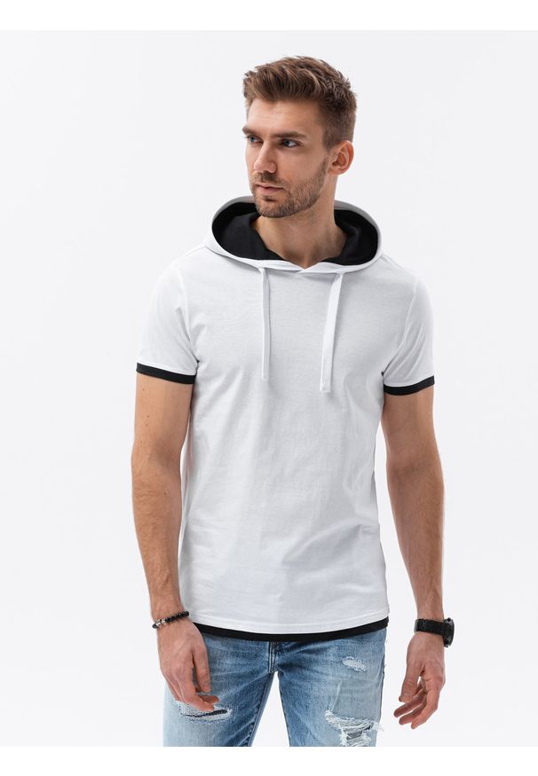 Ombre Clothing - T-shirt męski z kapturem - biały V1 - Rozmiar: M. Okazja: na co dzień. Typ kołnierza: kaptur. Kolor: biały. Materiał: jersey, bawełna, dzianina. Styl: klasyczny, casual