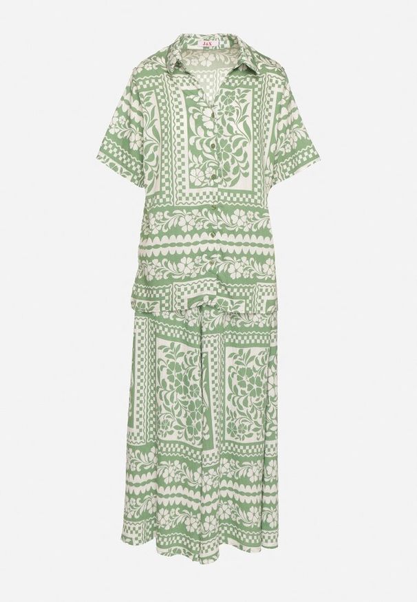 Born2be - Jasnozielony Komplet z Wiskozą z Kwiatowym Motywem Koszula i Spodnie Sonaniella. Kolor: zielony. Materiał: wiskoza. Wzór: kwiaty