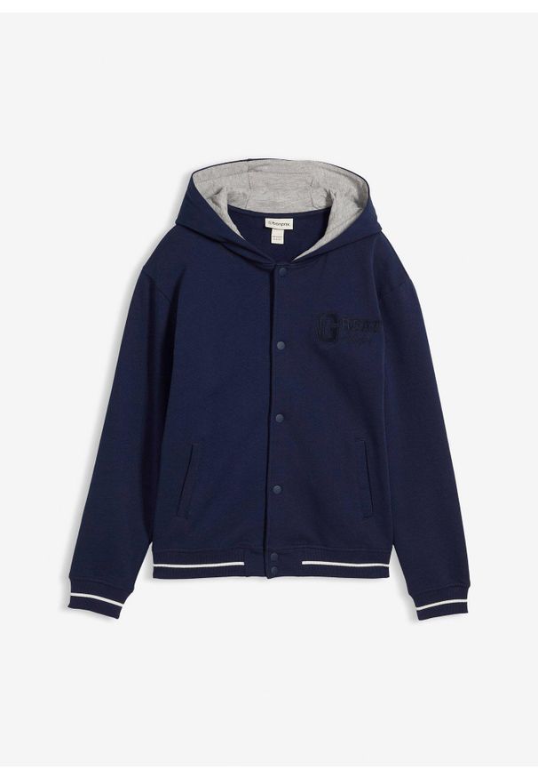 bonprix - Bluza rozpinana college z czystej bawełny organicznej. Typ kołnierza: kaptur. Kolor: niebieski. Materiał: bawełna