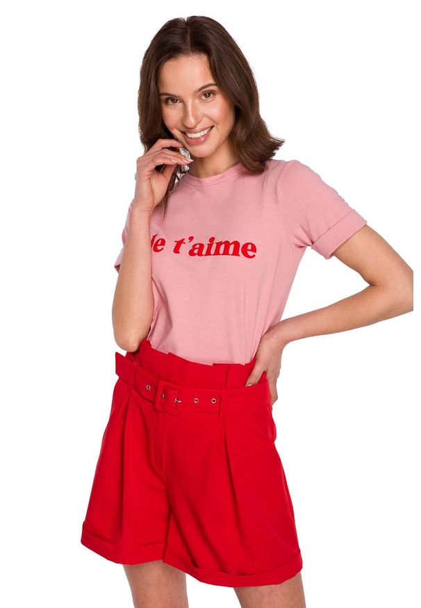 MOE - T-shirt z Nadrukiem Typu Flock - Różowy. Kolor: różowy. Materiał: elastan, bawełna. Wzór: nadruk