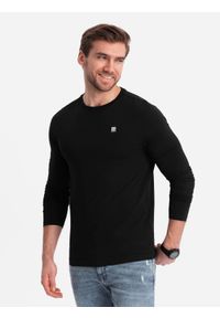Ombre Clothing - Longsleeve męski z elastanem sygnowany z okrągłym dekoltem - czarny V3 OM-LSCL-0102 - XXL. Kolor: czarny. Materiał: elastan. Długość rękawa: długi rękaw. Wzór: jednolity, gładki. Styl: klasyczny #7
