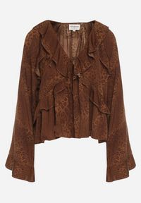 Born2be - Brązowa Bluzka w Panterkę z Falbankami i Szerokimi Rękawami Entia. Okazja: na co dzień, na spotkanie biznesowe. Typ kołnierza: kołnierz z falbankami. Kolor: brązowy. Materiał: jeans. Wzór: motyw zwierzęcy. Styl: casual, biznesowy #7