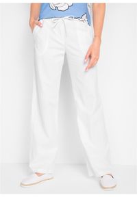 bonprix - Spodnie lniane z szerokimi nogawkami. Kolor: biały. Materiał: len