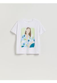Reserved - T-shirt z nadrukiem - biały. Kolor: biały. Materiał: bawełna, dzianina. Wzór: nadruk