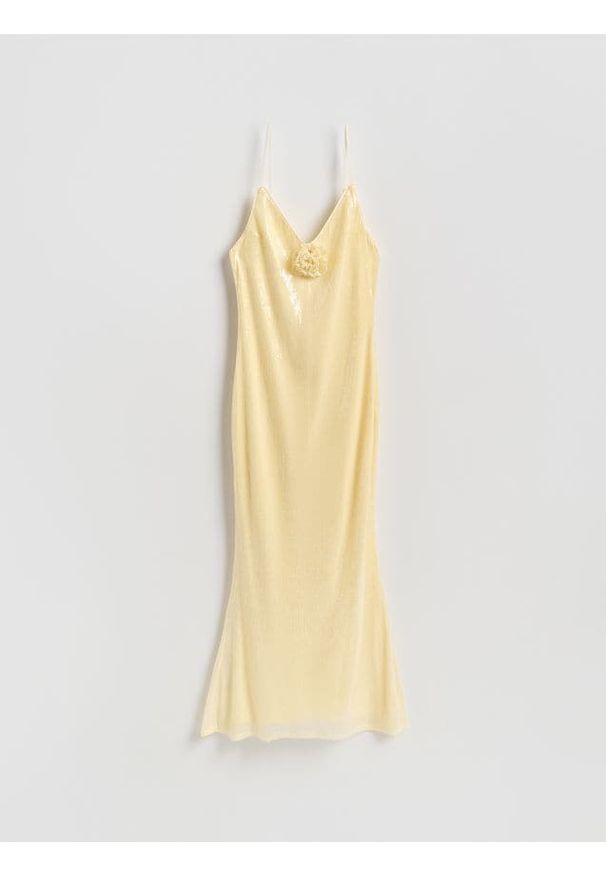 Reserved - Cekinowa sukienka - jasnożółty. Kolor: żółty. Materiał: dzianina. Wzór: gładki. Typ sukienki: proste