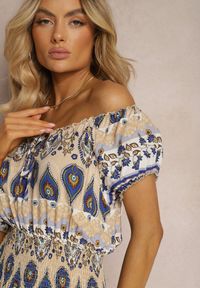 Renee - Beżowo-Niebieska Sukienka na Lato z Bawełny z Modelującą Gumką w Talii Deorna. Kolor: beżowy. Materiał: bawełna. Sezon: lato #3