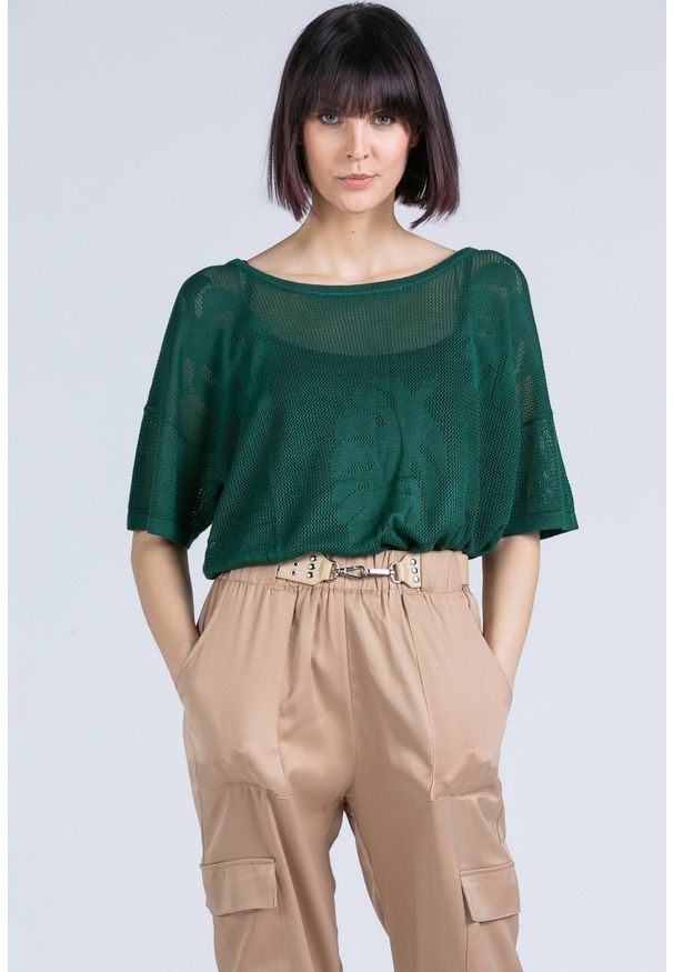 Monnari - Ażurowy sweter z wzorem. Kolor: zielony. Materiał: jeans, wiskoza. Długość: krótkie. Wzór: ażurowy