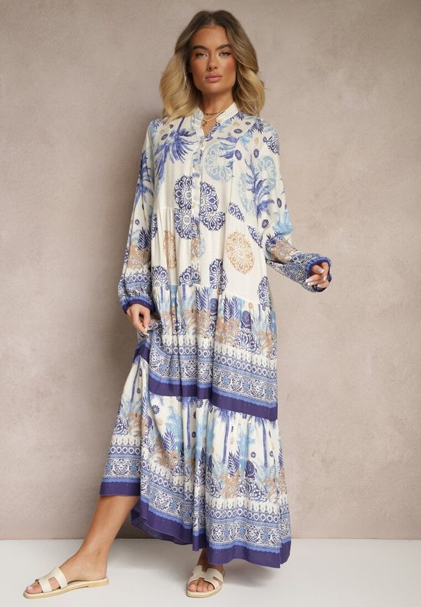Renee - Niebieska Sukienka z Wiskozy Rozkloszowana w Print Boho Aedia. Okazja: na co dzień. Typ kołnierza: dekolt w serek. Kolor: niebieski. Materiał: wiskoza. Wzór: nadruk. Styl: boho