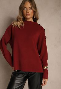 Renee - Bordowy Sweter z Metalicznymi Guzikami na Ramieniu Ederlia. Okazja: do pracy, na spotkanie biznesowe. Typ kołnierza: golf. Kolor: czerwony. Materiał: skóra. Styl: elegancki, biznesowy #4