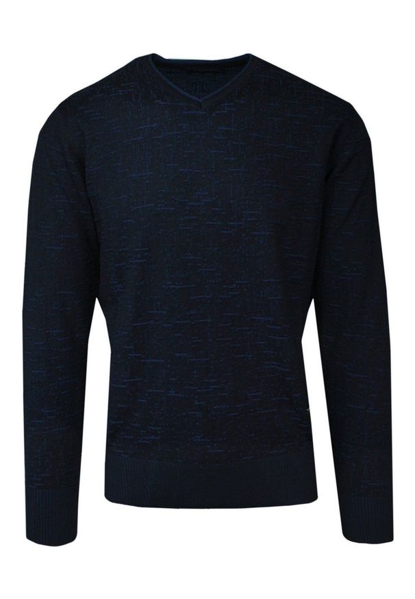 Trikko - Sweter Granatowy w Serek, Wzór Geometryczny, V-neck, Męski -TRIKKO. Okazja: do pracy, na spotkanie biznesowe, na co dzień. Typ kołnierza: dekolt w serek. Kolor: niebieski. Materiał: bawełna, akryl. Wzór: geometria. Styl: klasyczny, casual, elegancki, biznesowy