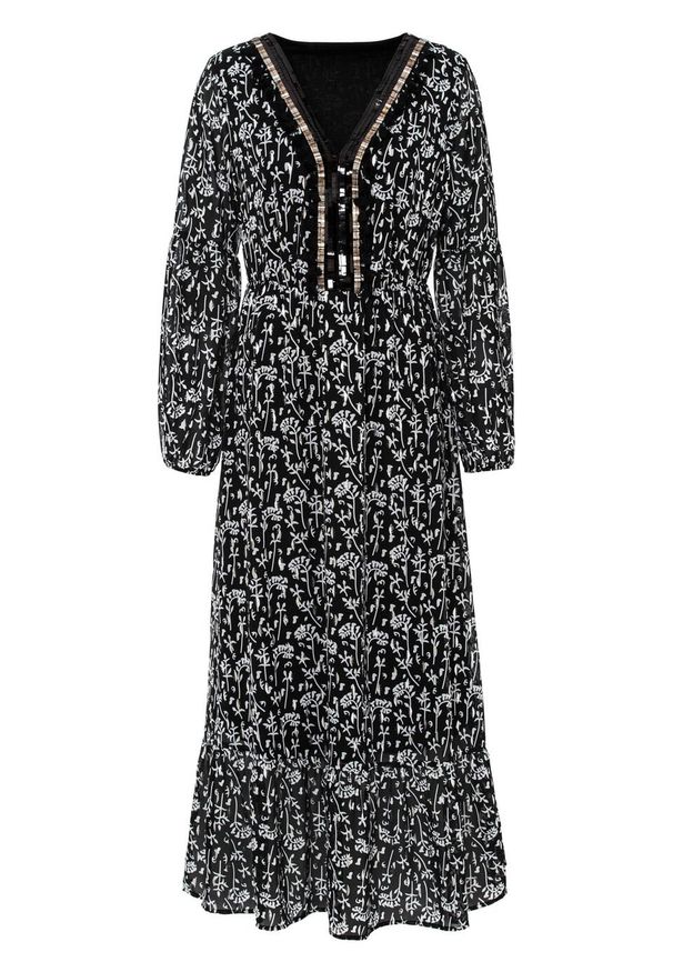 Długa sukienka z nadrukiem i aplikacją bonprix czarno-szaro-biały wzorzysty. Kolor: czarny. Wzór: nadruk, aplikacja. Długość: maxi