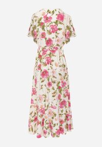 Renee - Beżowo-Różowa Kopertowa Rozkloszowana Sukienka z Falbaną i Gumką w Pasie Przewiązana Paskiem Iratia. Typ kołnierza: dekolt kopertowy. Kolor: beżowy. Długość rękawa: krótki rękaw. Sezon: lato. Typ sukienki: kopertowe. Styl: elegancki, wizytowy #3