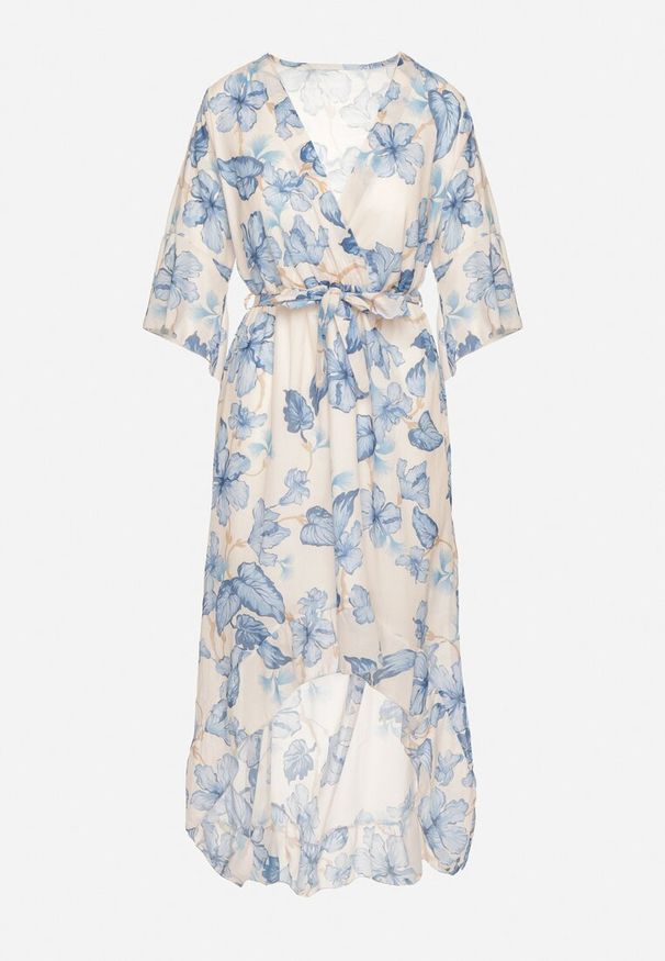 Born2be - Niebieska Bawełniana Sukienka Kopertowa o Asymetrycznym Kroju z Wiązanym Paskiem Niteira. Okazja: na co dzień, na randkę. Typ kołnierza: dekolt w kształcie V. Kolor: niebieski. Materiał: bawełna. Typ sukienki: kopertowe, asymetryczne. Styl: casual